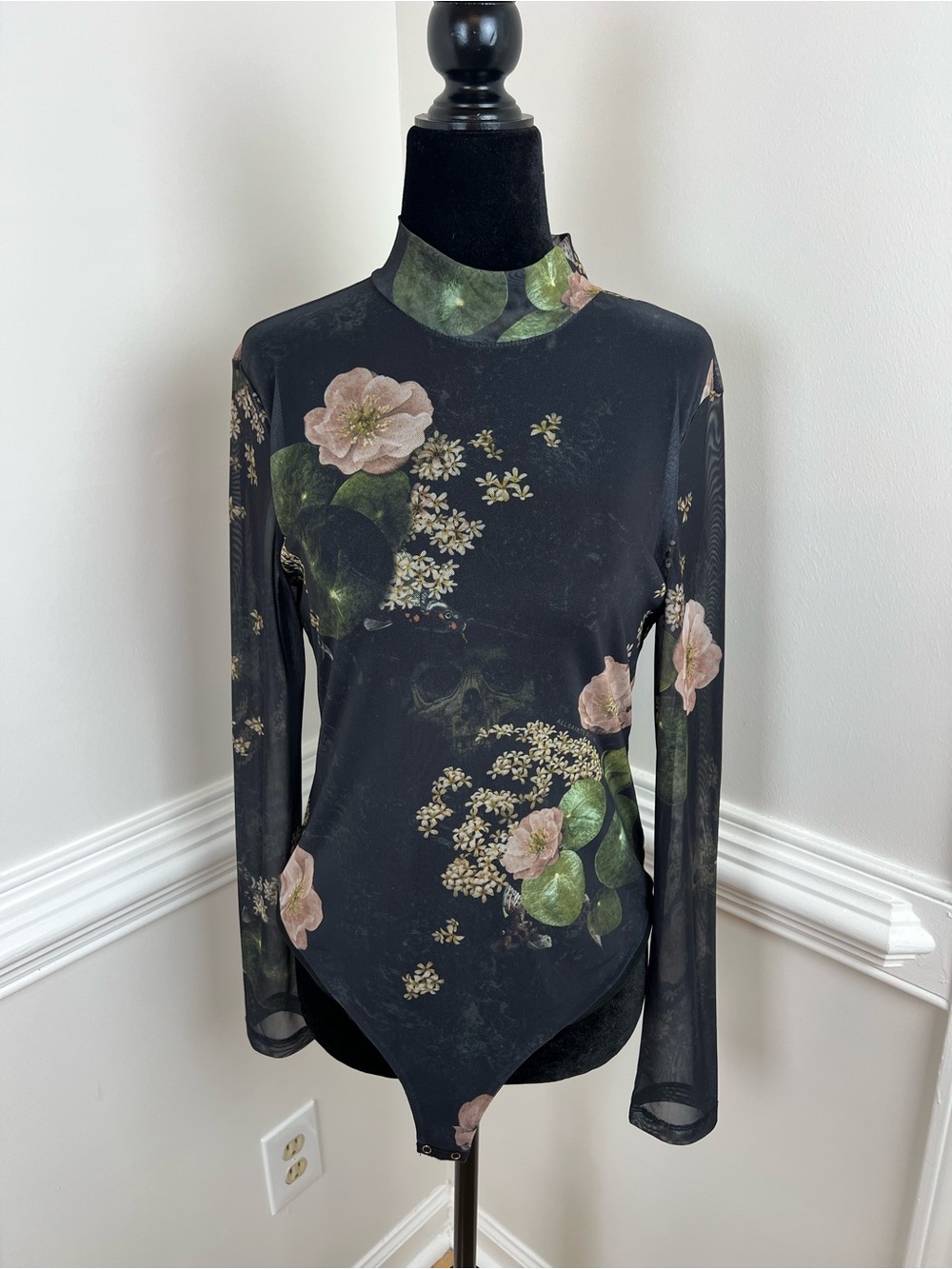 AllSaints Elia Asago Floral Mesh Mock Neck Bodysuit US 6